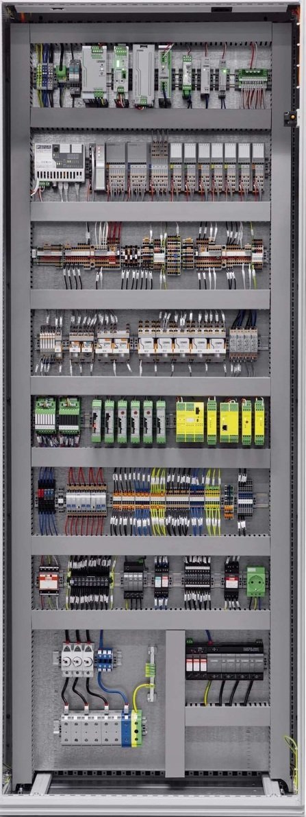 Floor-standing industrial control cabinet with power supplies, controllers, relays, signal conditioners, safety relays, terminal blocks, circuit protection and surge protection on DIN rails