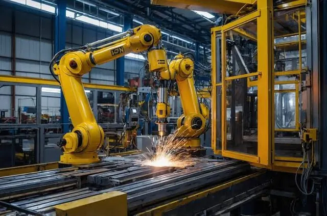 Industrial robots welding on a manufacturing line