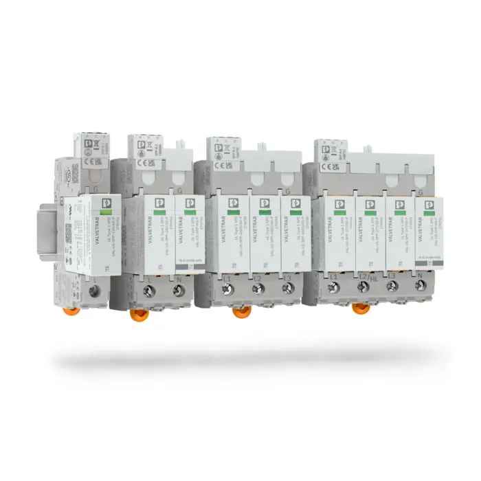 Single- and multi-pole surge protection devices on a DIN rail